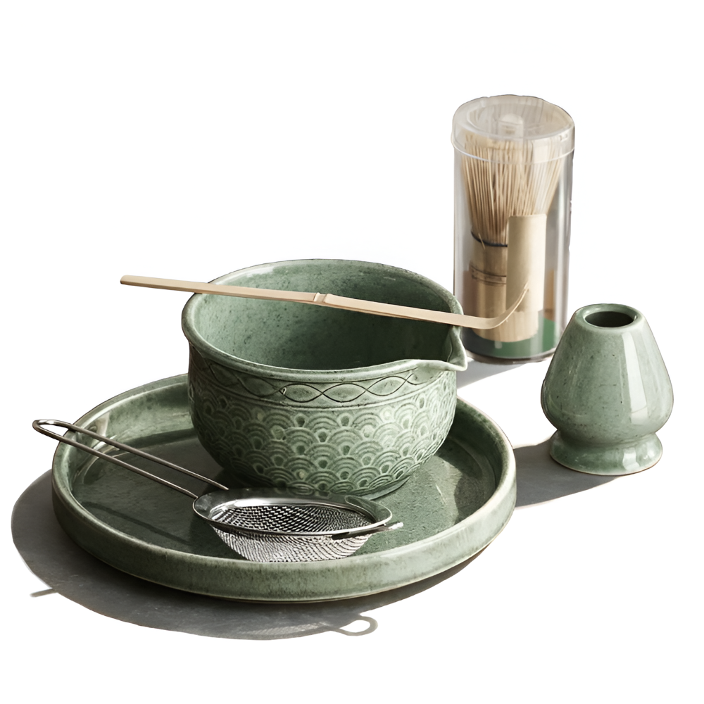 Matcha Set Green Ceramic 500ml with Bamboo Accessories 5 Piece-Kitchen & Dining > Coffee & Tea-casanuva-Wave pattern-6-piece set-casanuva