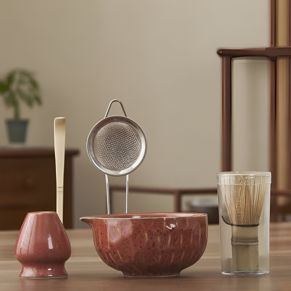 Matcha Tea Set 5 Piece Handmade Ceramic Bowl Japanese Tea Ceremony-Kitchen & Dining > Coffee & Tea-casanuva-Dark Red-casanuva