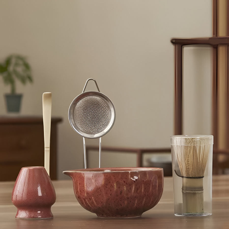 Matcha Tea Set 5 Piece Handmade Ceramic Bowl Japanese Tea Ceremony-Kitchen & Dining > Coffee & Tea-casanuva-Dark Red-casanuva