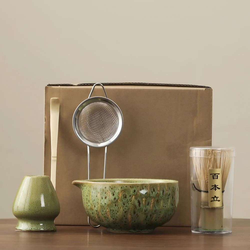 Matcha Tea Set 5 Piece Handmade Ceramic Bowl Japanese Tea Ceremony-Kitchen & Dining > Coffee & Tea-casanuva-Green-casanuva