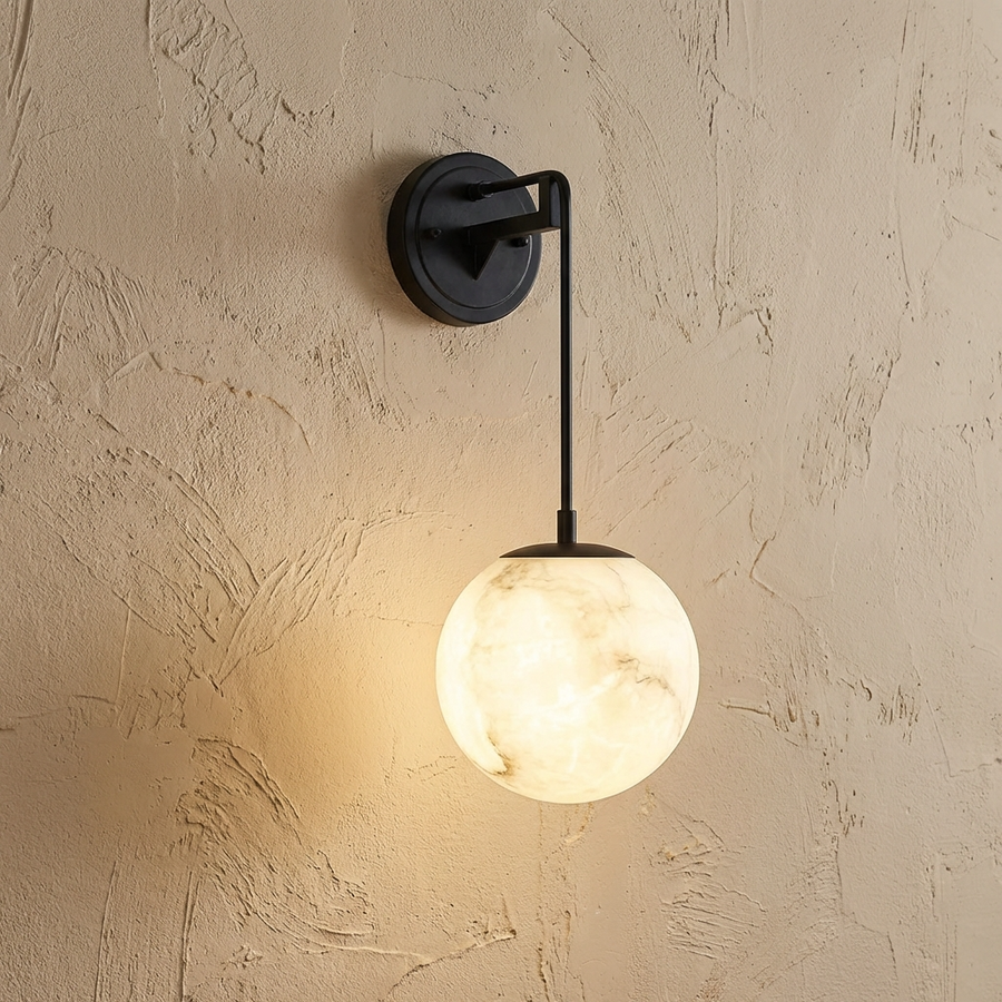 Natural Alabaster Globe Wall Light-Lighting > Wall Lights-casanuva-Black - 12cm-Warm Light-casanuva