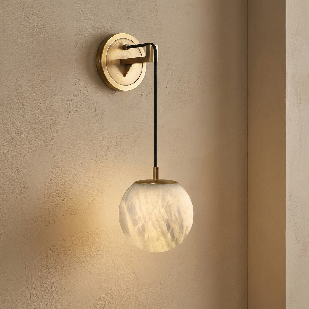Natural Alabaster Globe Wall Light-Lighting > Wall Lights-casanuva-Gold - 12cm-Warm Light-casanuva