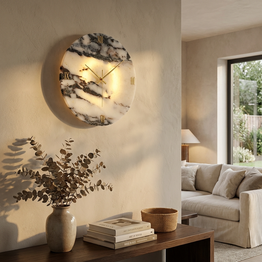 Natural Marble Wall Clock Light-Lighting > Wall Lights-casanuva-casanuva