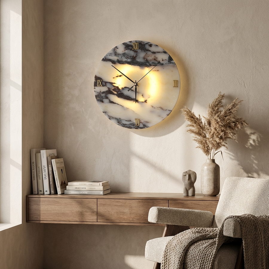 Natural Marble Wall Clock Light-Lighting > Wall Lights-casanuva-casanuva