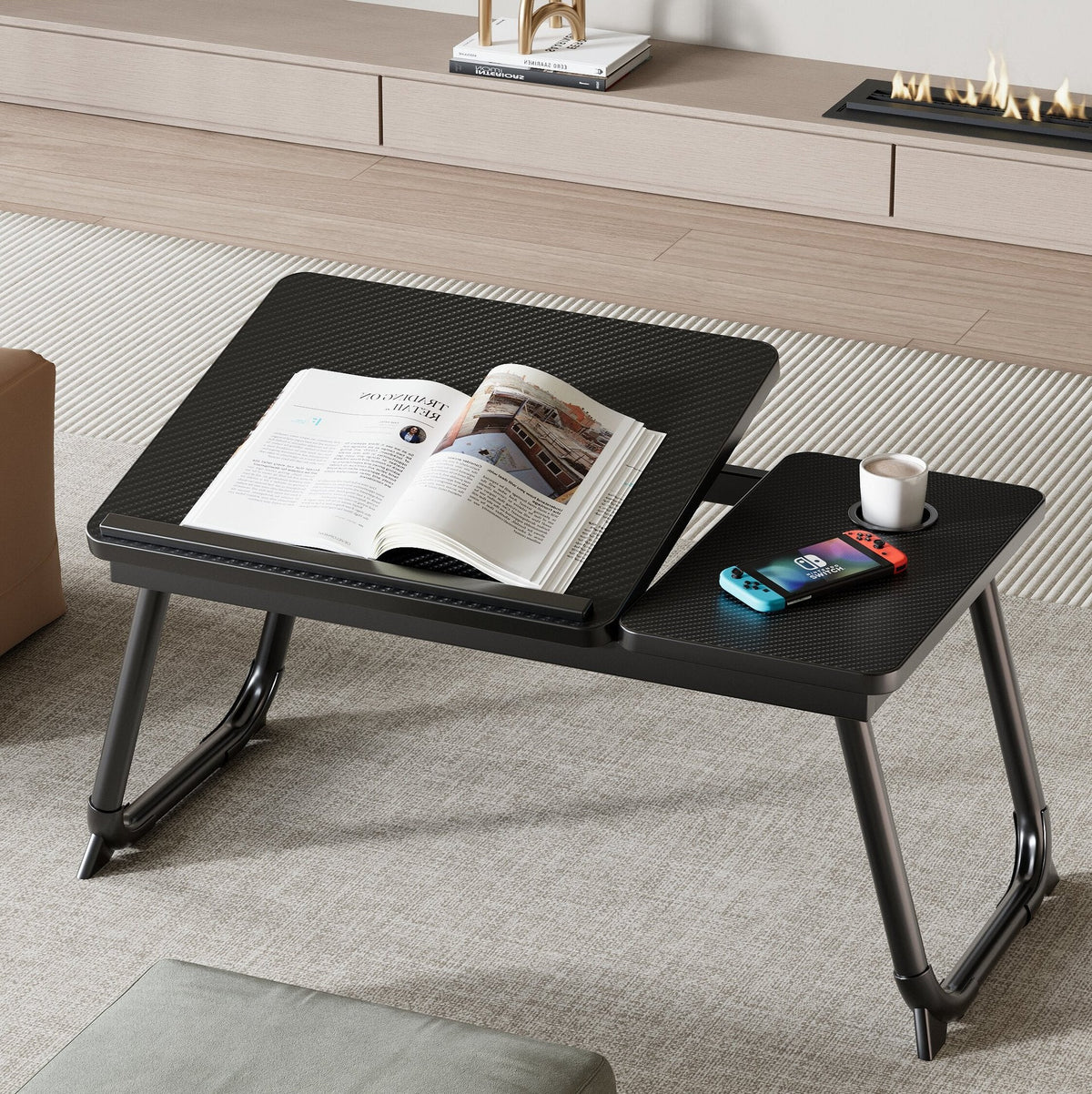 Nordic Carbon Steel MDF Rectangular Desk Foldable Angle Adjustable with 2-Tray Saucer-Furniture > Desks-casanuva-Black + Black Frame-casanuva