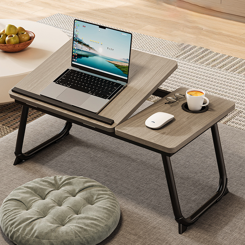 Nordic Carbon Steel MDF Rectangular Desk Foldable Angle Adjustable with 2-Tray Saucer-Furniture > Desks-casanuva-Gray Wood Grain + Black-casanuva
