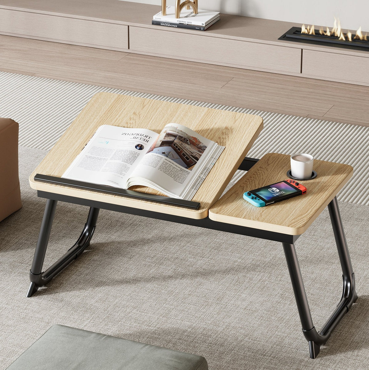 Nordic Carbon Steel MDF Rectangular Desk Foldable Angle Adjustable with 2-Tray Saucer-Furniture > Desks-casanuva-Rubber Wood + Black Frame-casanuva