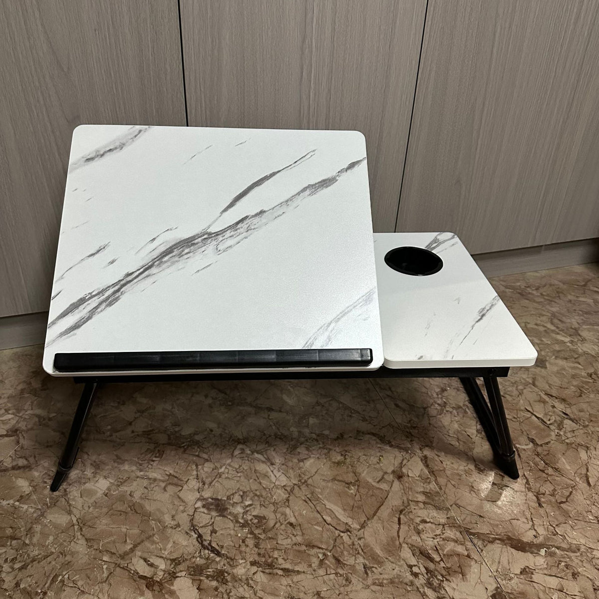 Nordic Carbon Steel MDF Rectangular Desk Foldable Angle Adjustable with 2-Tray Saucer-Furniture > Desks-casanuva-White Marble + Black-casanuva