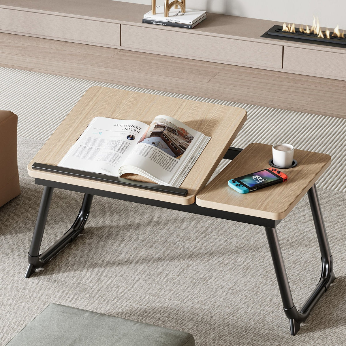 Nordic Carbon Steel MDF Rectangular Desk Foldable Angle Adjustable with 2-Tray Saucer-Furniture > Desks-casanuva-Wood Color + Black Frame-casanuva