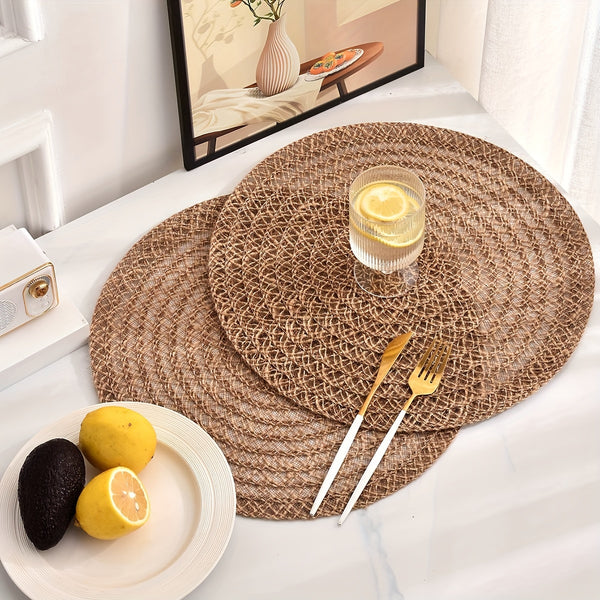 Nordic Round Woven Placemats Set of 4 Boho Table Mats for Dining and Events-Kitchen & Dining > Placemats-casanuva-Brown-38cm-casanuva