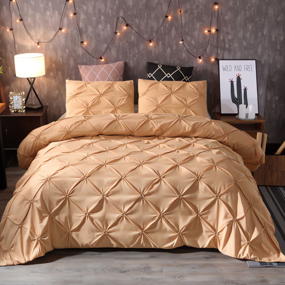 Pinch Pleat Duvet Cover Set Amore Luxury-Bedding & Bath > Bedding Sets-casanuva-Golden Beige-Full-casanuva