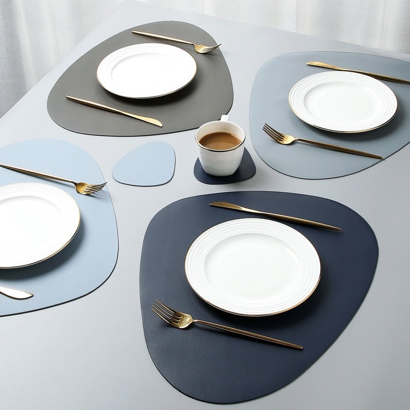 Placemats and Coasters Set in Irregular Shape Faux Leather Stylish Dining Accessories-Kitchen & Dining > Placemats-casanuva-casanuva