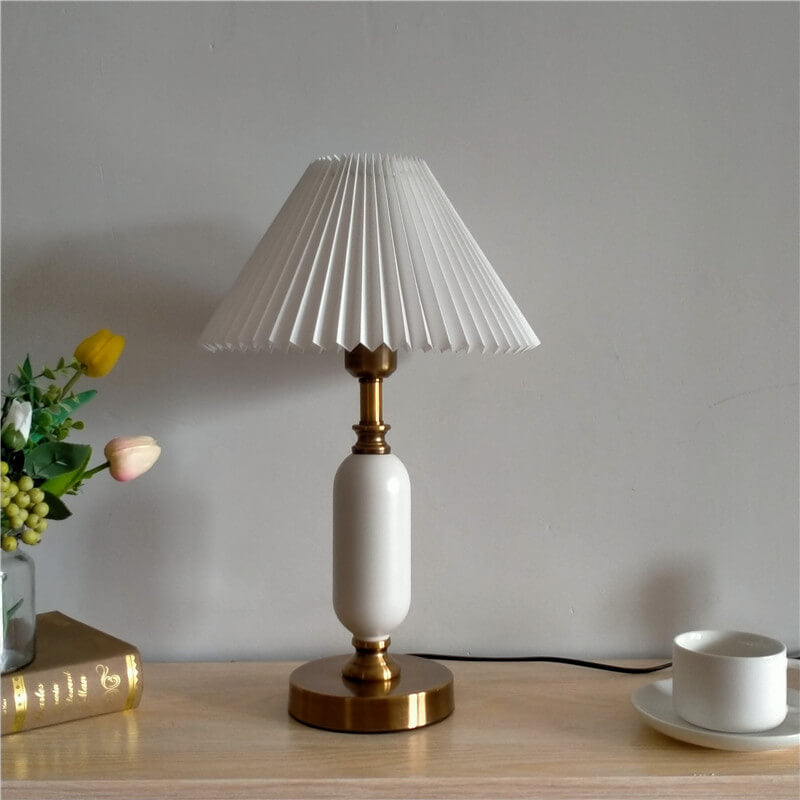 Pleated Shade Column Base Table Lamp 1-Light Retro Design-Lighting > Table Lamps-casanuva-110V-120V-White Pleated + White-casanuva