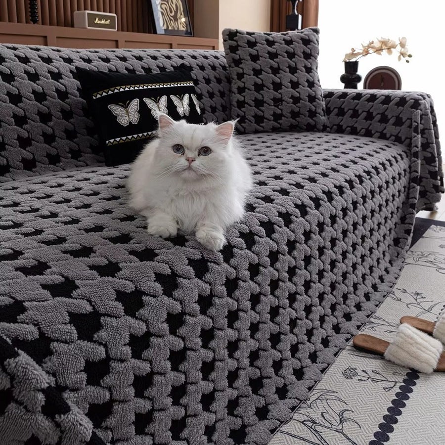 Plush Houndstooth Sofa Cover-Covers & Textiles > Sofa Covers-casanuva-Light Gray-71"x51"-casanuva