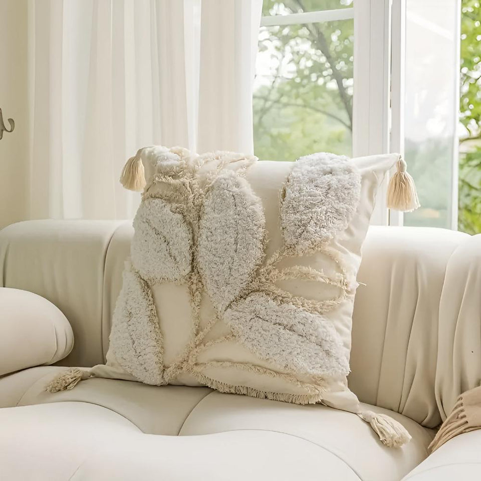 Plush Leaf Cushion Cover with Tassel-Covers & Textiles > Cushion Covers-casanuva-Palm Ivory-casanuva