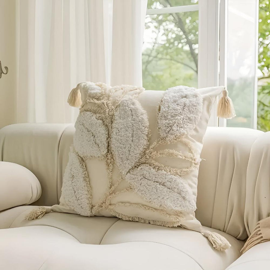 Plush Leaf Cushion Cover with Tassel-Covers & Textiles > Cushion Covers-casanuva-Palm Ivory-casanuva