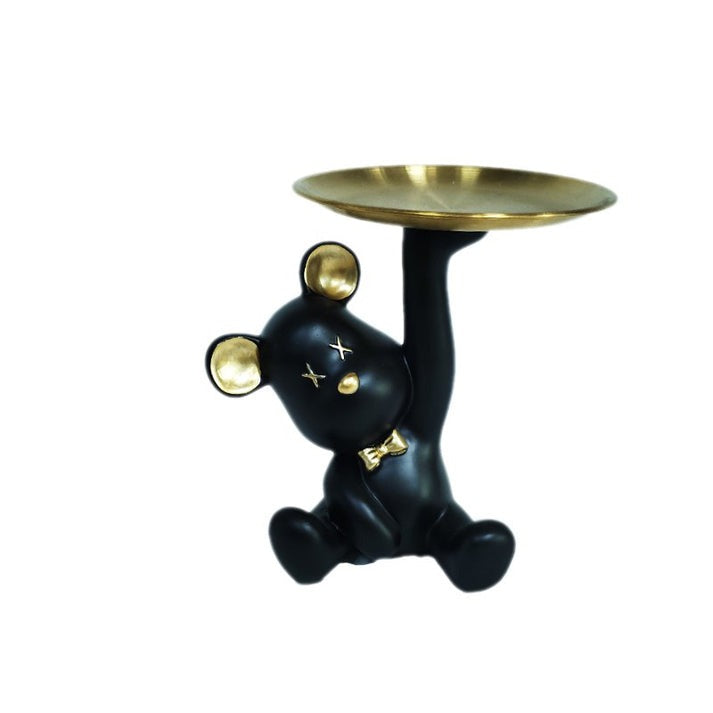 Polyresin Bear Figurine with Round Tray Tabletop Decor-Home Decor > Figurines-casanuva-Black-W 19cm-casanuva