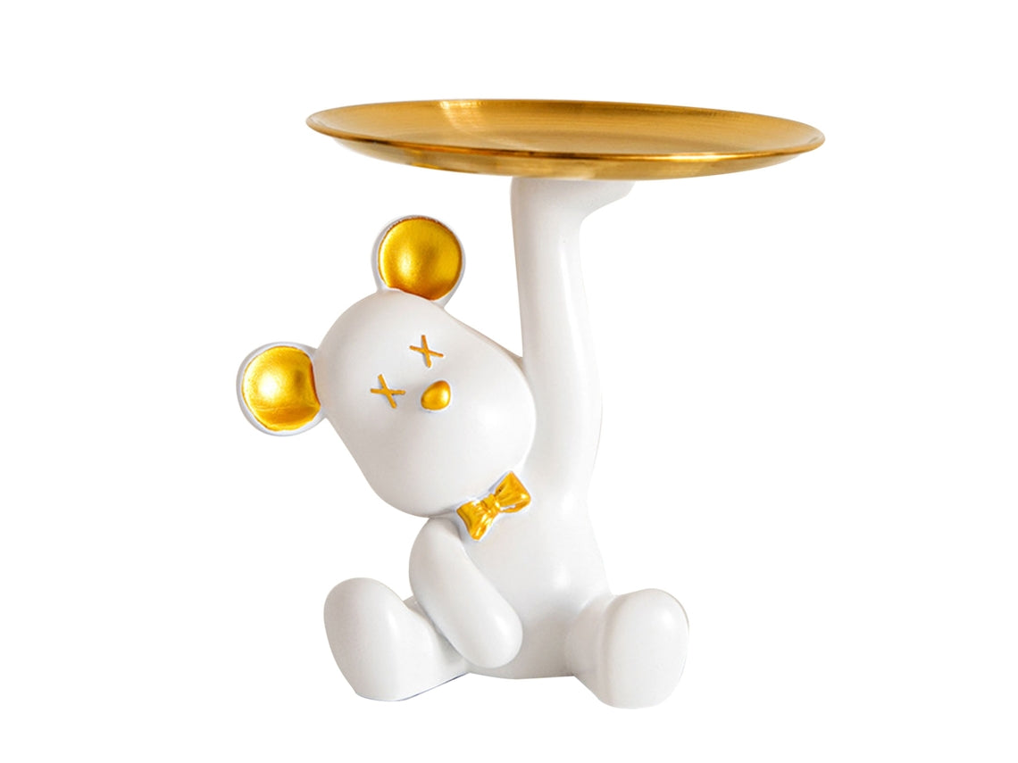 Polyresin Bear Figurine with Round Tray Tabletop Decor-Home Decor > Figurines-casanuva-White-W 19cm-casanuva