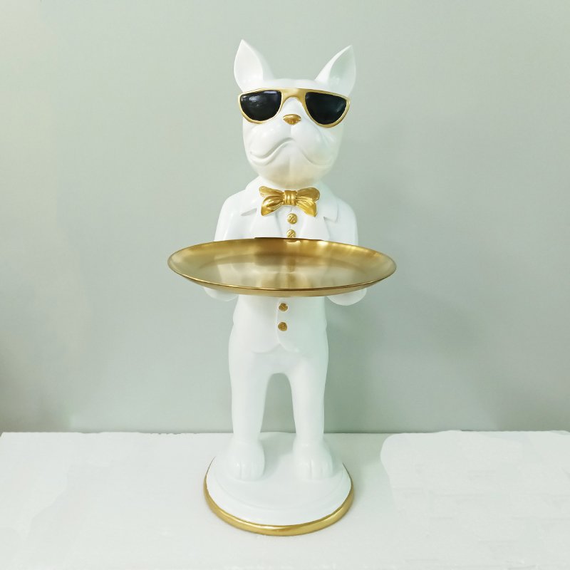 Polyresin Bulldog Figurine with Gold Tray-Home Decor > Figurines-casanuva-White-W 43x5x26cm-casanuva