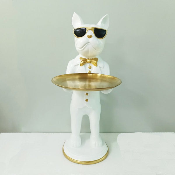 Polyresin Bulldog Figurine with Gold Tray-Home Decor > Figurines-casanuva-White-W 43x5x26cm-casanuva