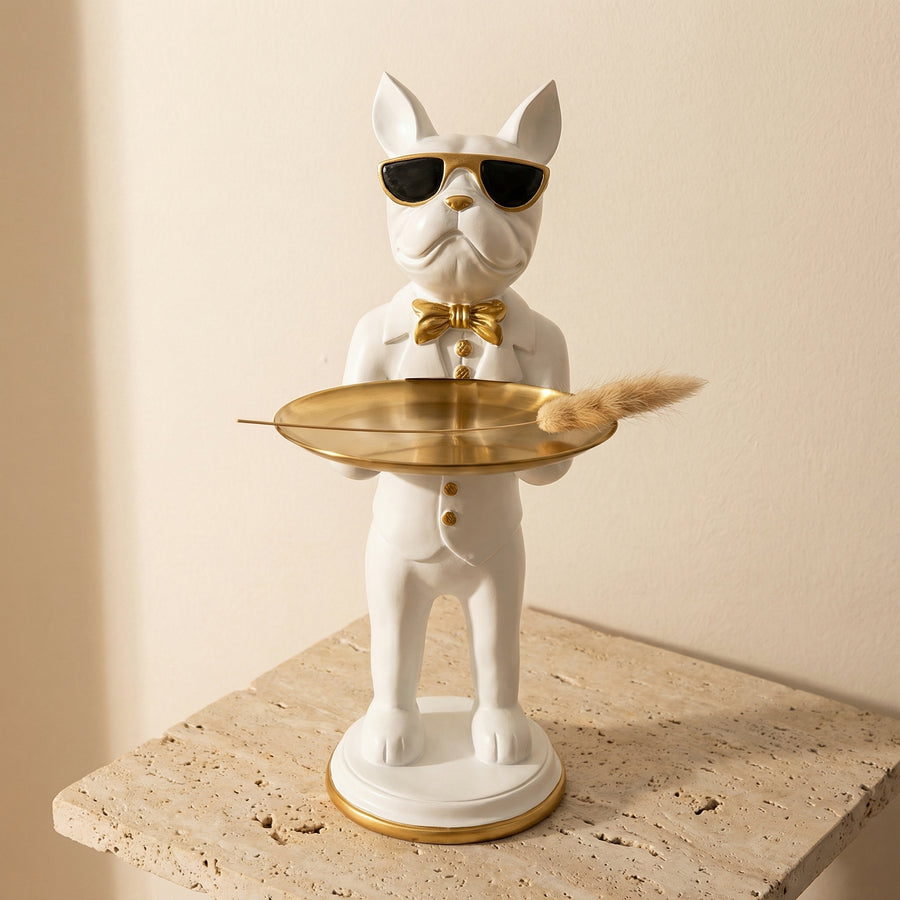 Polyresin Bulldog Figurine with Gold Tray-Home Decor > Figurines-casanuva-casanuva