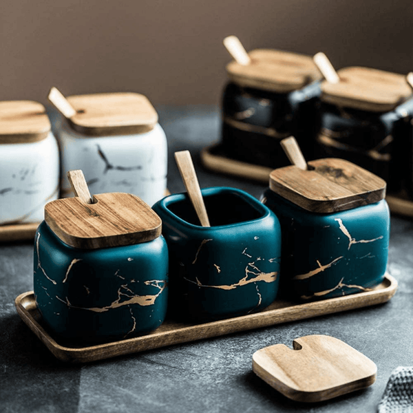 Porcelain Spice Jars with Wooden Tray Set-Kitchen & Dining > Tableware-casanuva-casanuva