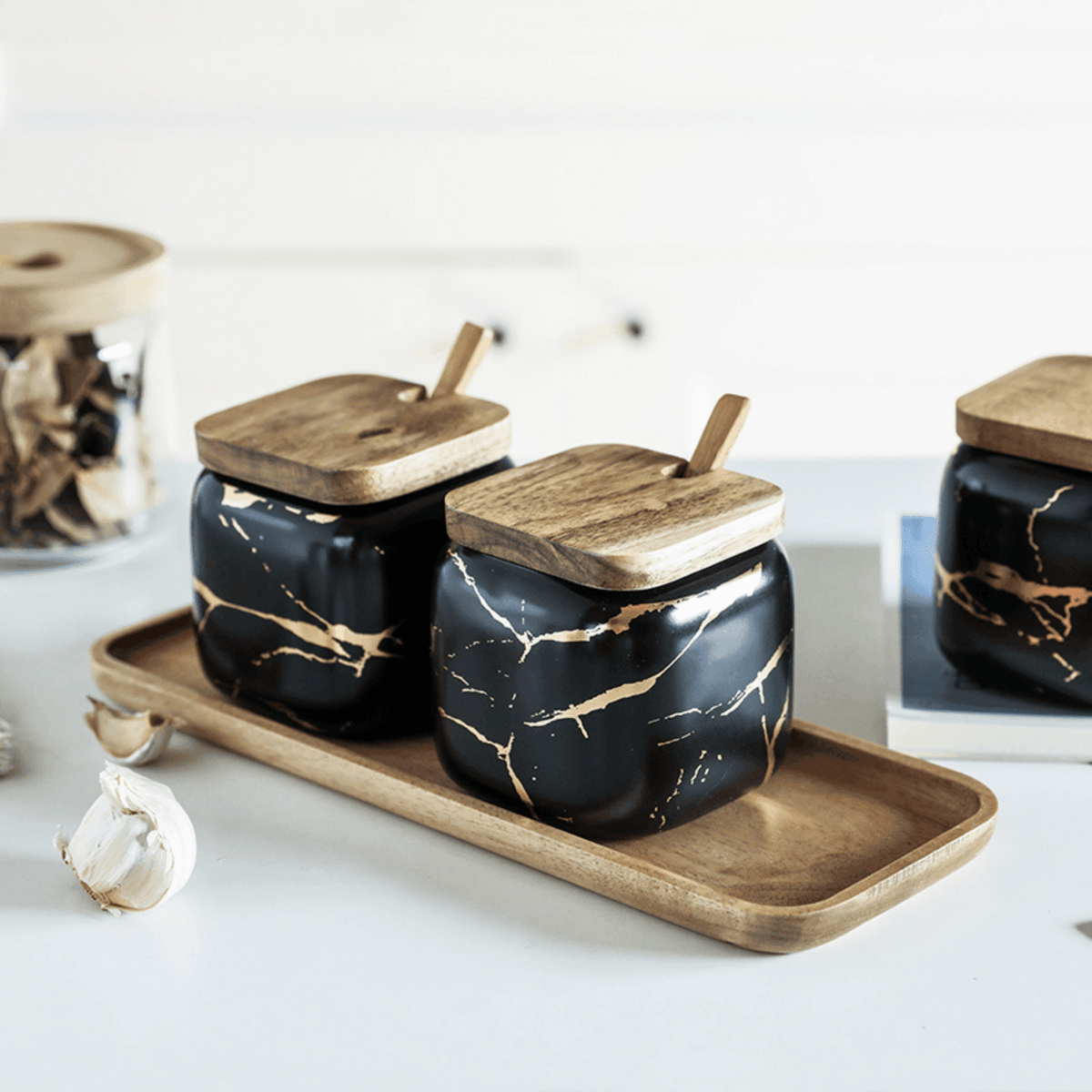 Porcelain Spice Jars with Wooden Tray Set-Kitchen & Dining > Tableware-casanuva-casanuva