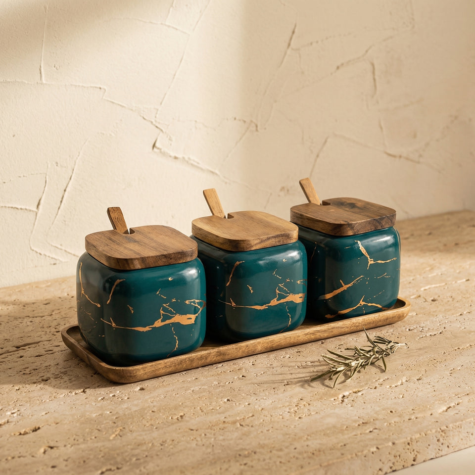 Porcelain Spice Jars with Wooden Tray Set-Kitchen & Dining > Tableware-casanuva-casanuva