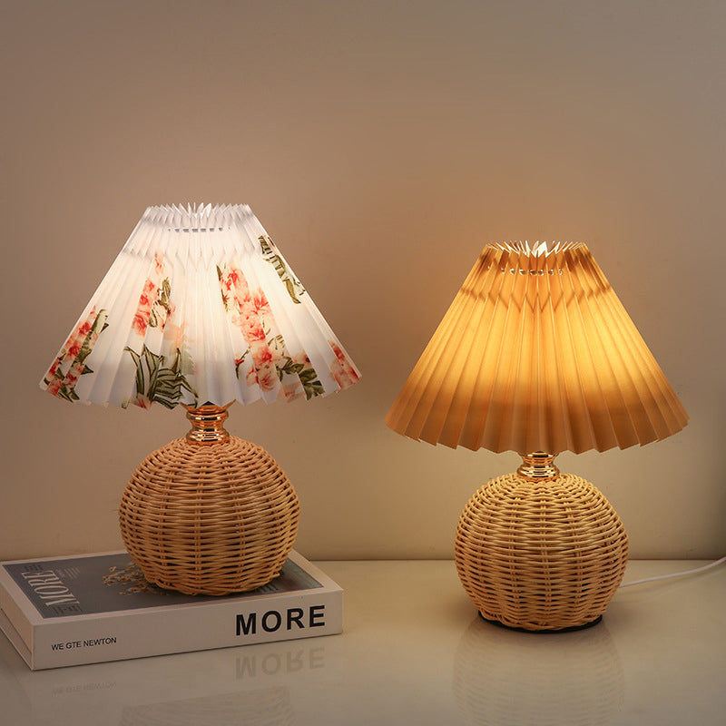 Rattan Fabric Pleated Conic Ball LED Table Lamp for Bedroom-Lighting > Table Lamps-casanuva-casanuva
