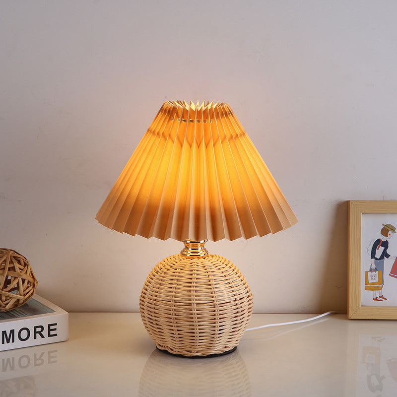 Rattan Fabric Pleated Conic Ball LED Table Lamp for Bedroom-Lighting > Table Lamps-casanuva-casanuva