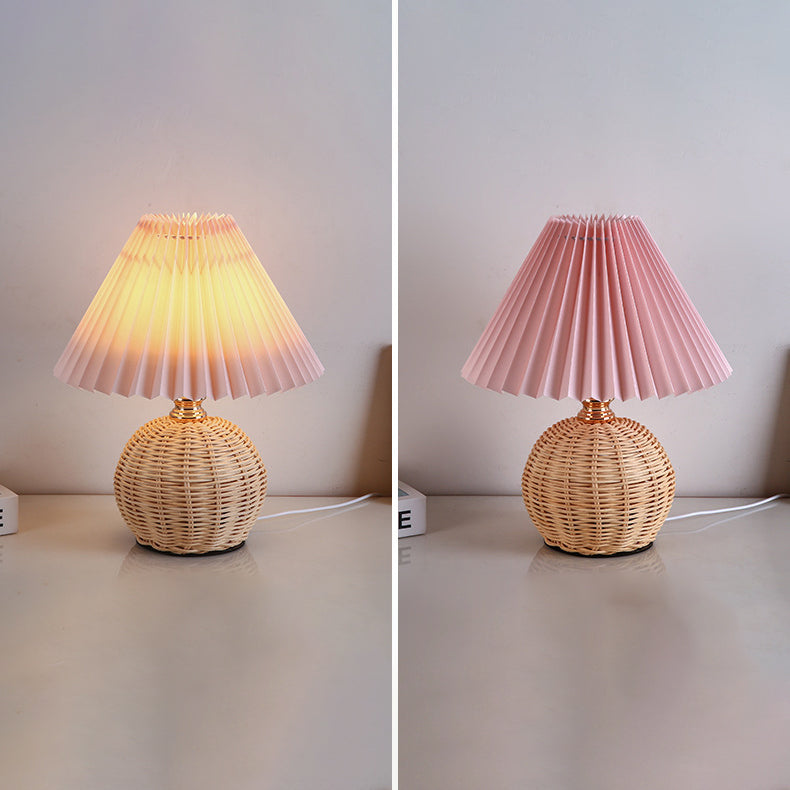 Rattan Fabric Pleated Conic Ball LED Table Lamp for Bedroom-Lighting > Table Lamps-casanuva-casanuva
