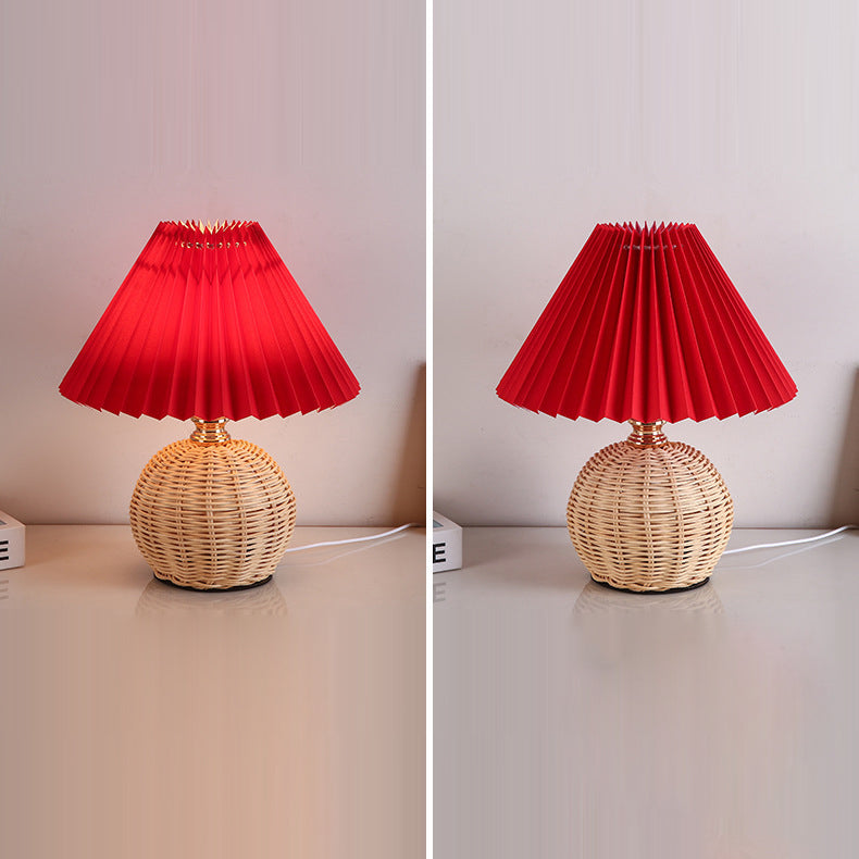 Rattan Fabric Pleated Conic Ball LED Table Lamp for Bedroom-Lighting > Table Lamps-casanuva-casanuva