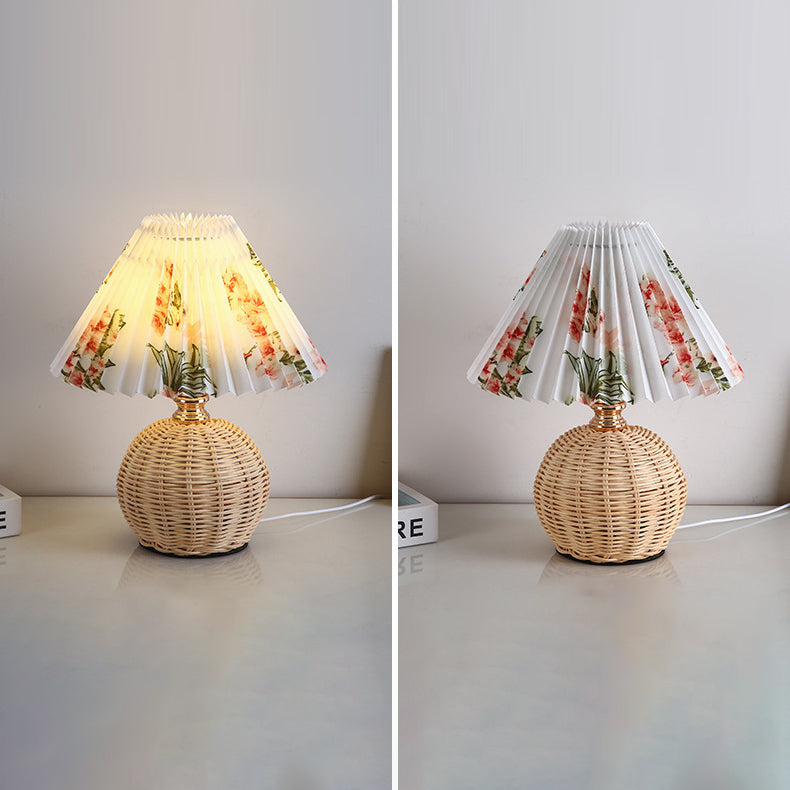 Rattan Fabric Pleated Conic Ball LED Table Lamp for Bedroom-Lighting > Table Lamps-casanuva-casanuva