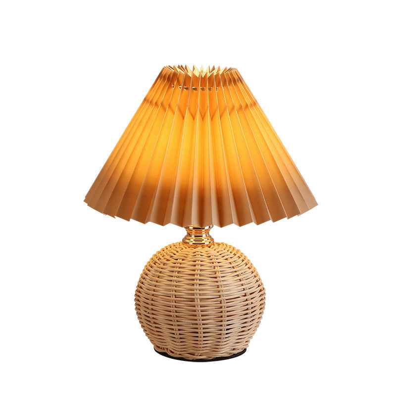 Rattan Fabric Pleated Conic Ball LED Table Lamp for Bedroom-Lighting > Table Lamps-casanuva-casanuva