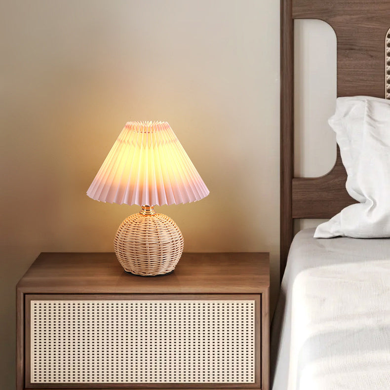 Rattan Fabric Pleated Conic Ball LED Table Lamp for Bedroom-Lighting > Table Lamps-casanuva-casanuva