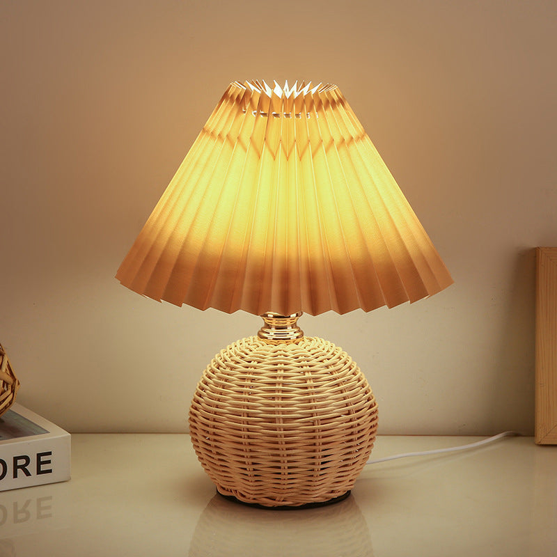 Rattan Fabric Pleated Conic Ball LED Table Lamp for Bedroom-Lighting > Table Lamps-casanuva-casanuva