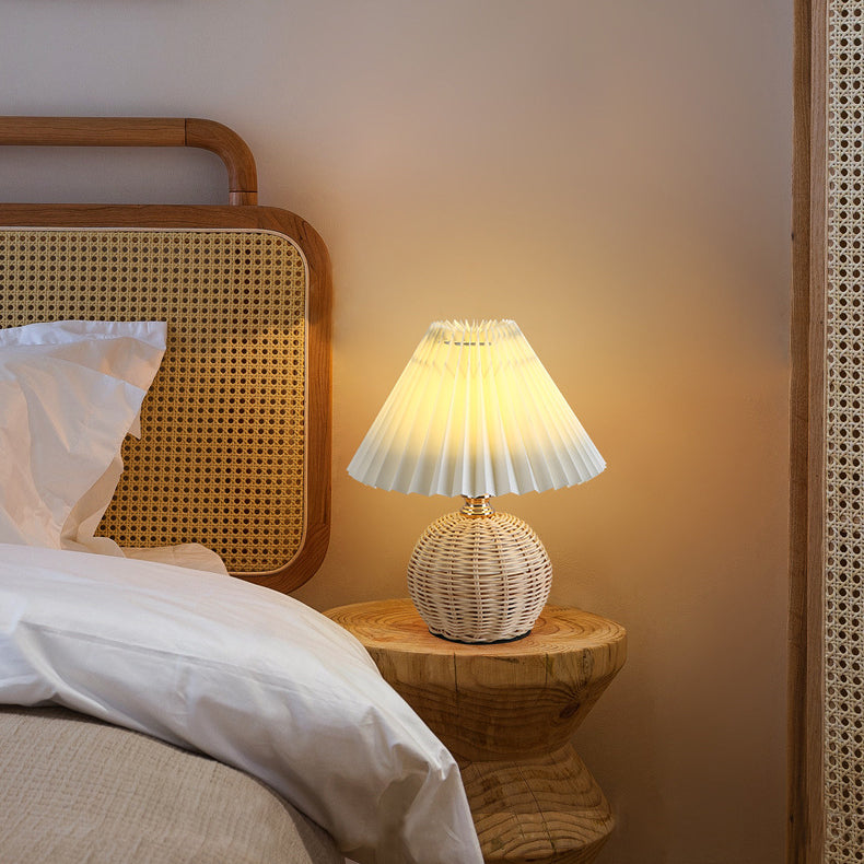 Rattan Fabric Pleated Conic Ball LED Table Lamp for Bedroom-Lighting > Table Lamps-casanuva-casanuva