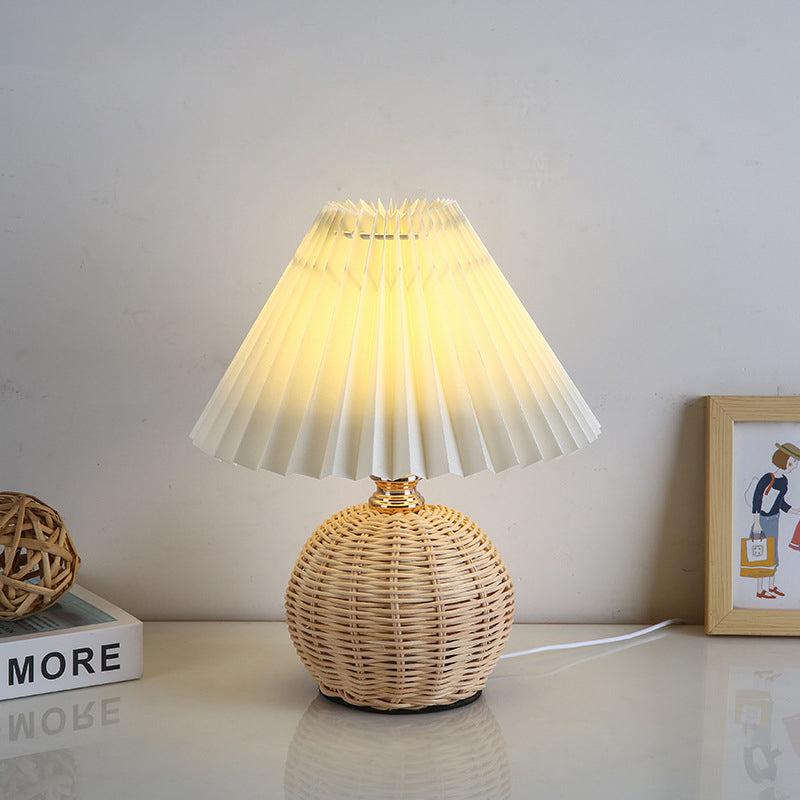 Rattan Fabric Pleated Conic Ball LED Table Lamp for Bedroom-Lighting > Table Lamps-casanuva-Warm Light (3000K)-Beige-5V-casanuva