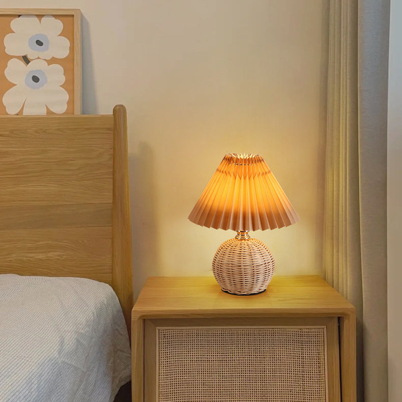 Rattan Fabric Pleated Conic Ball LED Table Lamp for Bedroom-Lighting > Table Lamps-casanuva-Warm Light (3000K)-Coffee-5V-casanuva