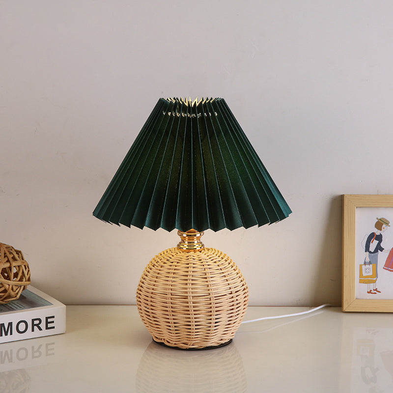 Rattan Fabric Pleated Conic Ball LED Table Lamp for Bedroom-Lighting > Table Lamps-casanuva-Warm Light (3000K)-Deep Green-5V-casanuva