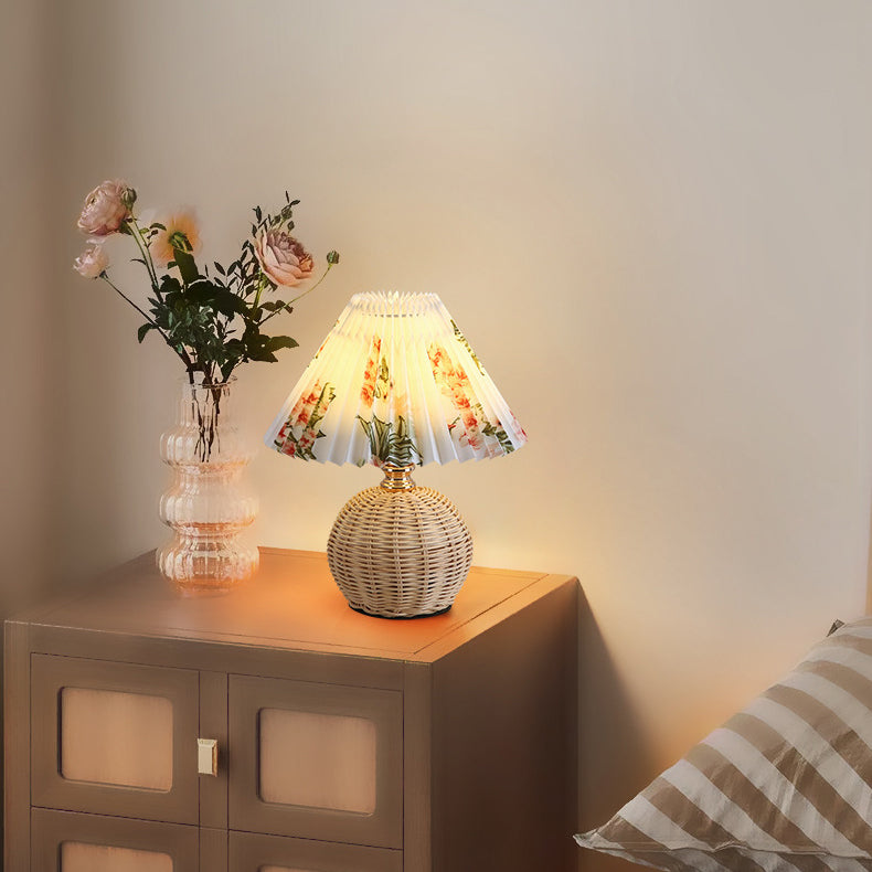 Rattan Fabric Pleated Conic Ball LED Table Lamp for Bedroom-Lighting > Table Lamps-casanuva-Warm Light (3000K)-Flower-5V-casanuva