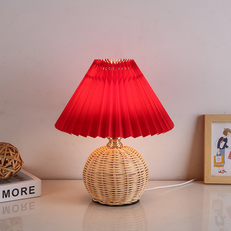 Rattan Fabric Pleated Conic Ball LED Table Lamp for Bedroom-Lighting > Table Lamps-casanuva-Warm Light (3000K)-Red-5V-casanuva