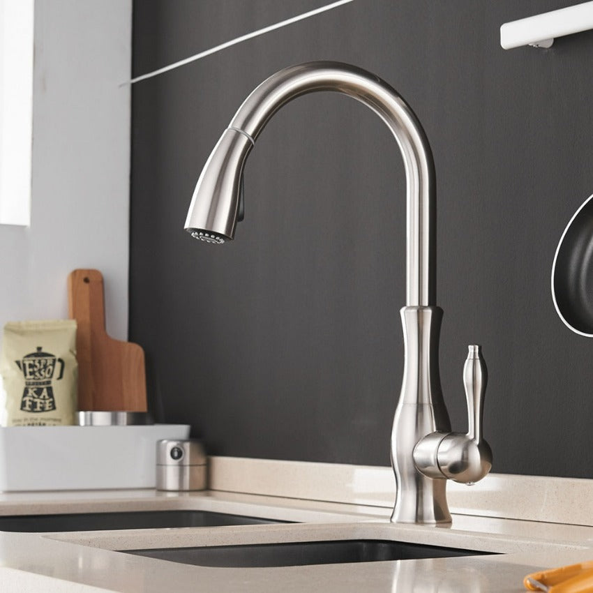 Retractable Stainless Steel Kitchen Faucet 360 Degree Swivel-Kitchen & Dining > Kitchen Faucets-casanuva-Brushed Nickel-casanuva