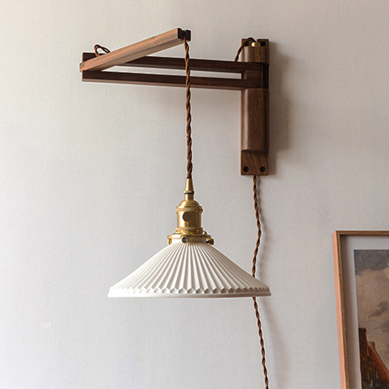 Retractable Walnut Wall Sconce with White Striped Glass Shade-Lighting > Wall Lights-casanuva-casanuva