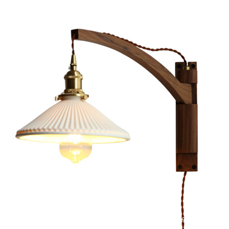 Retractable Walnut Wall Sconce with White Striped Glass Shade-Lighting > Wall Lights-casanuva-casanuva