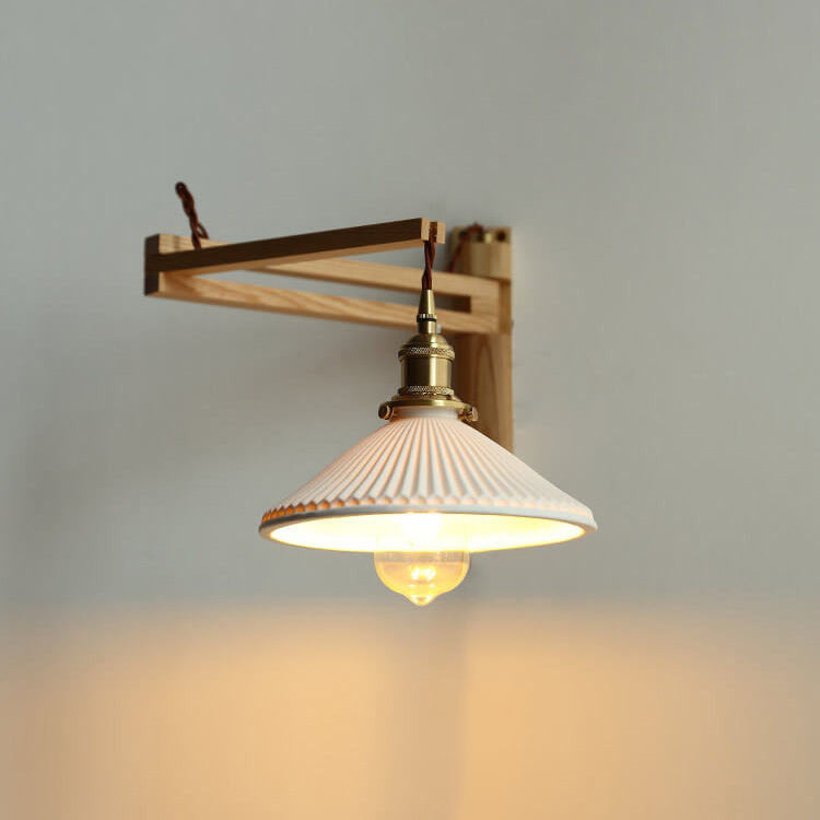 Retractable Walnut Wall Sconce with White Striped Glass Shade-Lighting > Wall Lights-casanuva-Rubberwood-A - Foldable-Hardwired - 100V-120V-casanuva