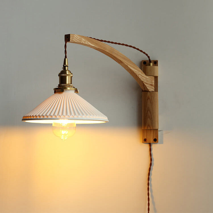 Retractable Walnut Wall Sconce with White Striped Glass Shade-Lighting > Wall Lights-casanuva-Rubberwood-B - Fish Rod-Plug-in - 100V-120V-casanuva
