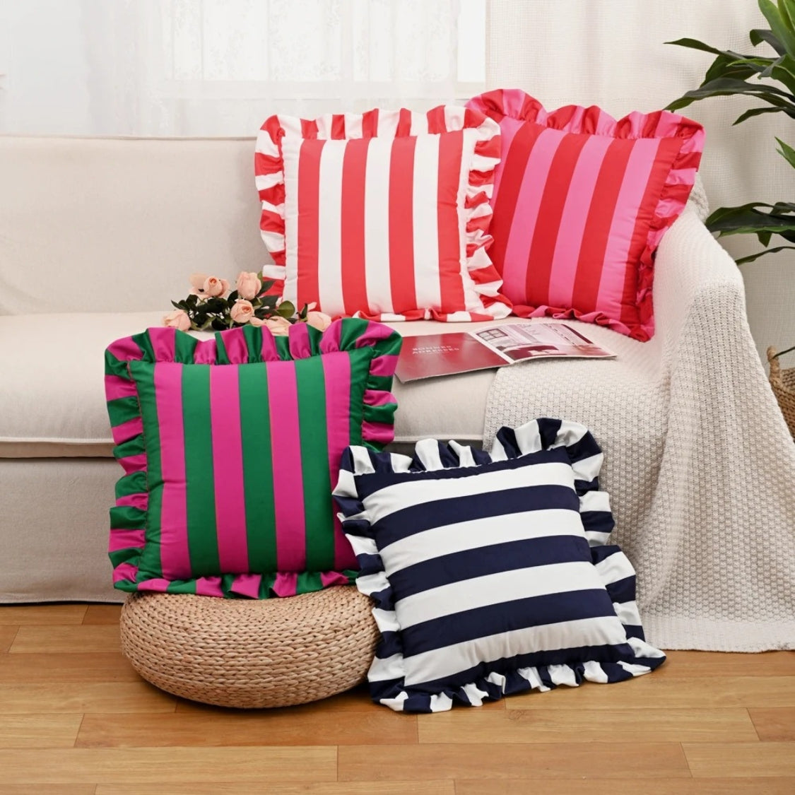 Retro Striped Ruffle Cushion Cover-Covers & Textiles > Cushion Covers-casanuva-casanuva