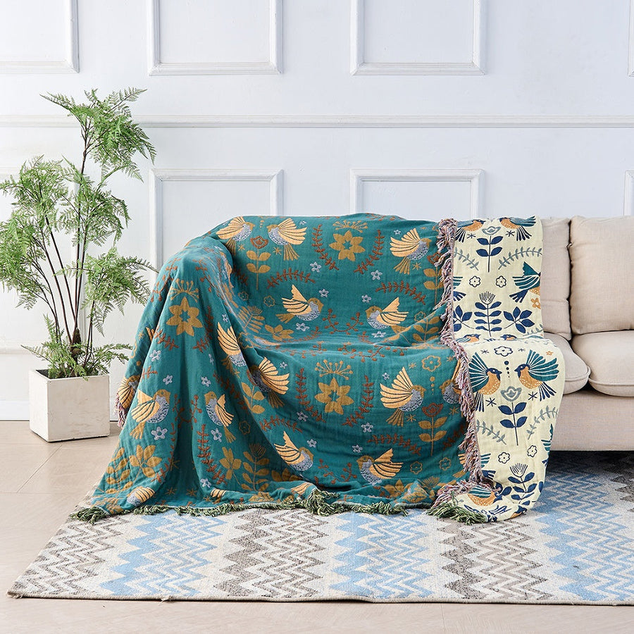 Reversible Cotton Scandinavian Bird Blanket-Bedding & Bath > Blankets-casanuva-casanuva