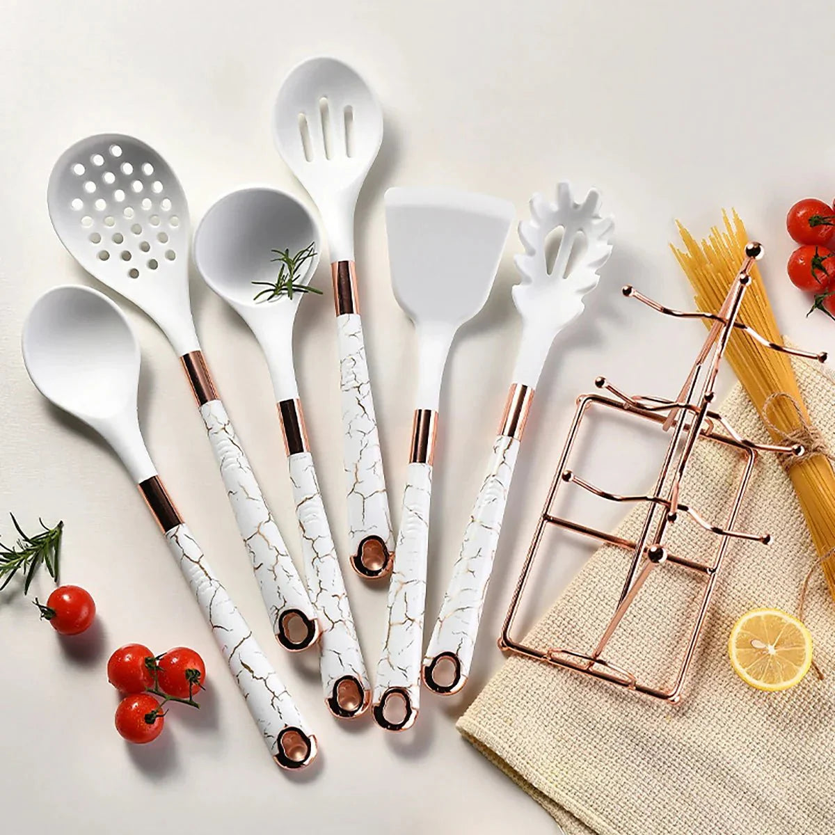 Rose Gold Kitchen Utensil Set 7-Piece with Stand-Kitchen & Dining > Cooking Utensils-casanuva-casanuva